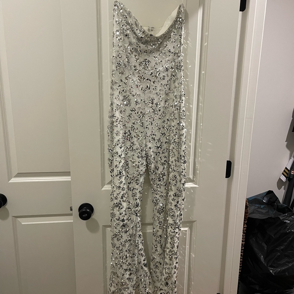 12th Tribe Silver Sequin Boot Cut Jumpsuit - Picture 2 of 7